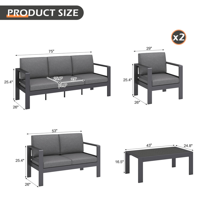 Aluminum Outdoor Armchairs with Cushions set of 2, Dark Grey, Grey