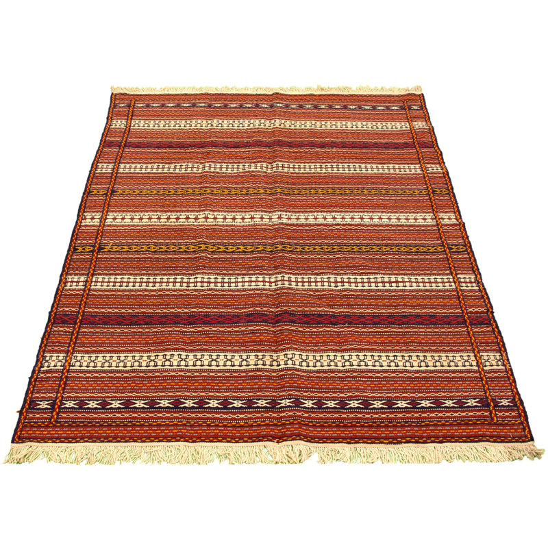 Tapis rouge / beige en laine tissé à la main et à plat