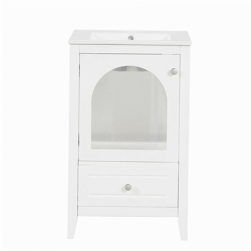 Lavabo de salle de bain de 20 pouces avec bol, armoire de salle de bain avec porte en verre à fermeture en douceur, un tiroir
