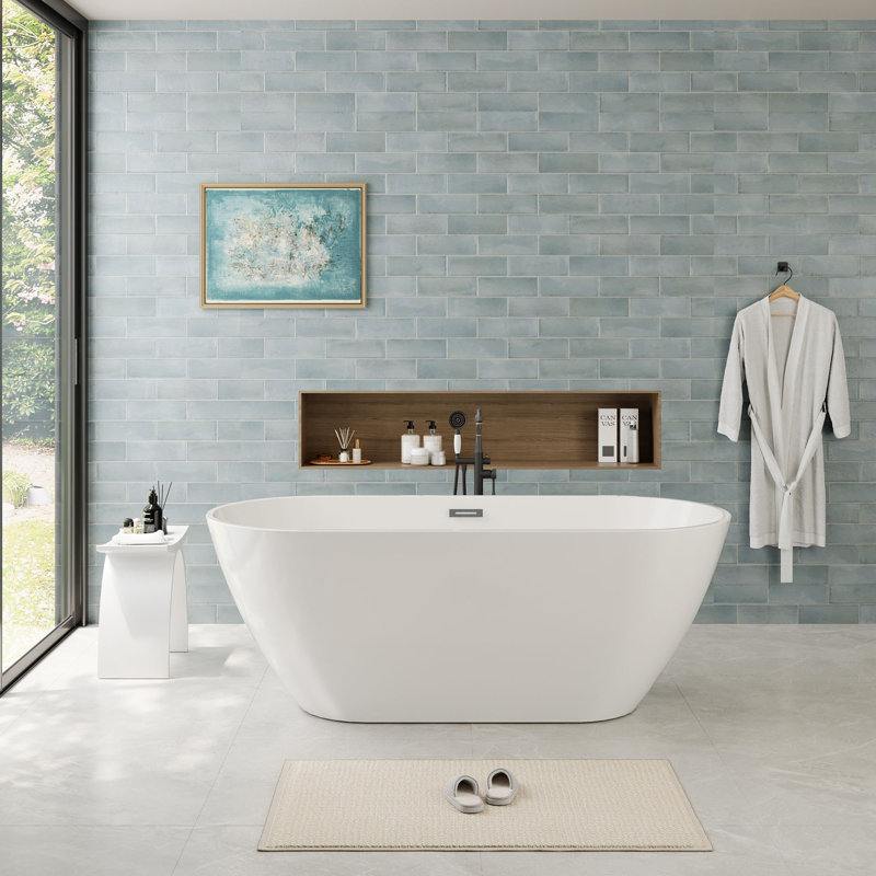 CASAINC 55" Oval Solid Surface Freestanding Soaking White Bathtub With Drain