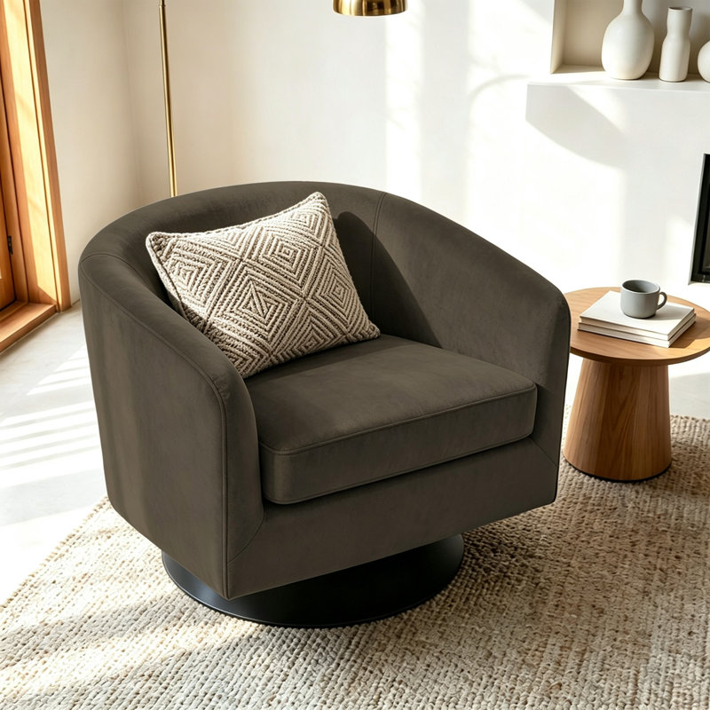 Eugenie Applewold Upholstered Coffee Velvet Swivel Barrel Chair with Solid Wood Base, Coffee