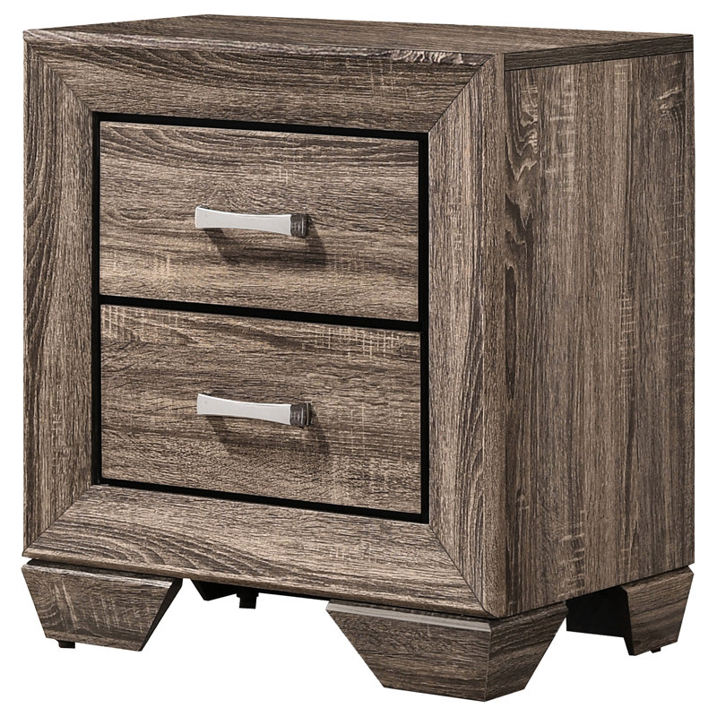 Table de chevet à 2 tiroirs au fini taupe délavé, structure rectangulaire, structure, tiroirs doubles pour le rangement dans la chambre à coucher, 27 pouces de hauteur et 23,5 de largeur avec couleur, fabrication, chambre spacieuse, profondeur de 16,5 po