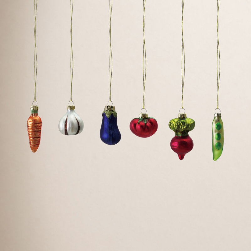 Ensemble de 6 décorations de légumes en verre avec paillettes