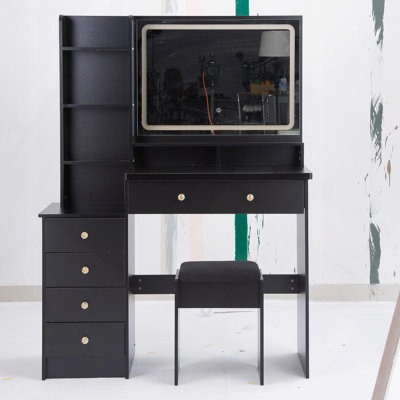 41" Large Size Left Bedside Cabinet Vanity Table, Cushioned Stool, Extra Large Touch Control LED Mirror, 3-Color Switch, Multi Layer High Capacity Storage Fashionable Dresser, Suitable For Large Space