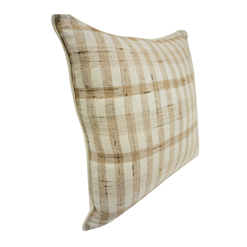 18" Beige and Off-White Vintage Raw Silk Plaid Throw Pillow