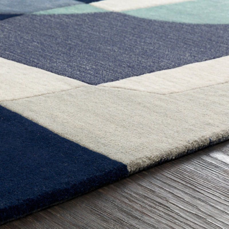 Tapis bleu sarcelle / bleu marine / beige en laine touffeté à la main Gaye, Rectangle de 10 pi x 14 pi