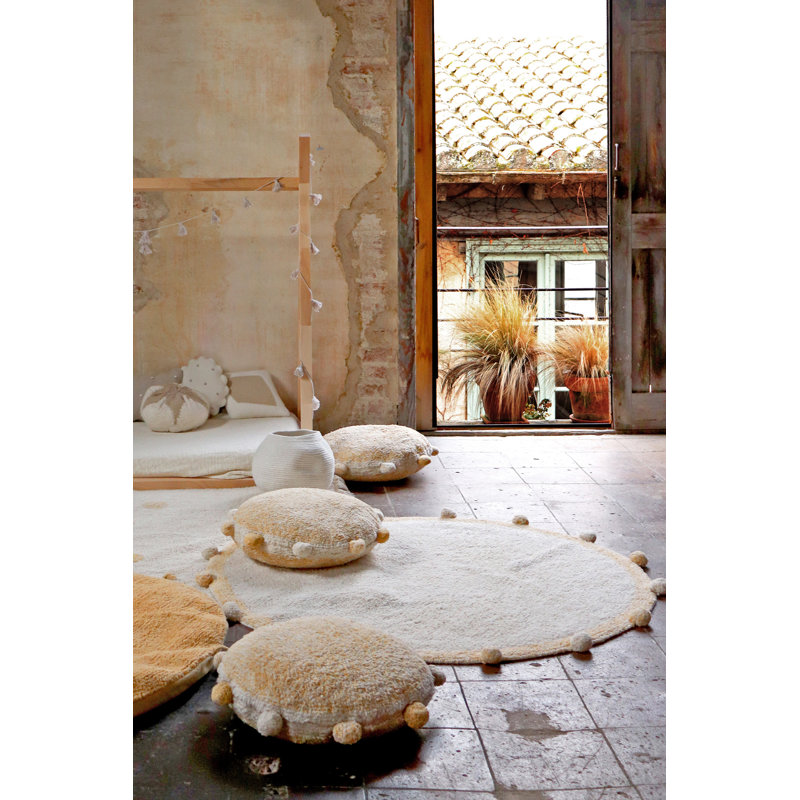 Tapis de couleur unie touffeté à la main rond en coton naturel / miel 4 pi