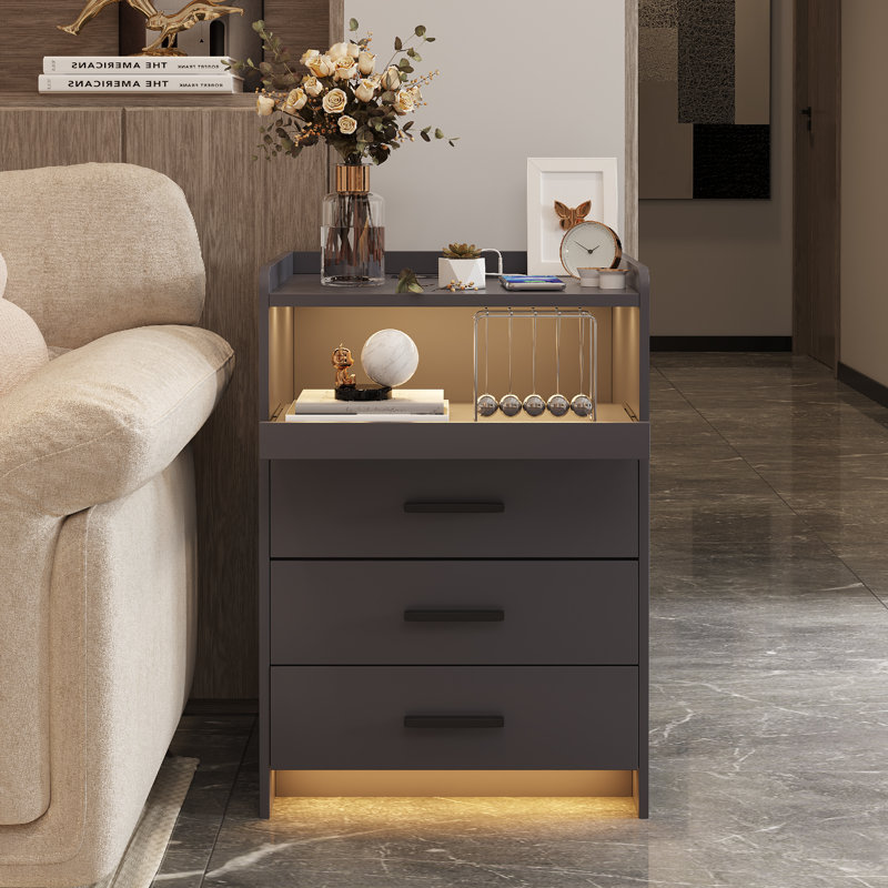 Eaden 3 Drawer Nightstand With Light, Gray