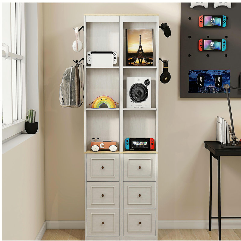 Armoire de rangement mince de 73 po de hauteur, armoire de rangement multimédia à 3 niveaux avec 3 tiroirs et 2 crochets, étagères de rangement pour bibliothèque, armoire de rangement pour CD, DVD et console de jeux