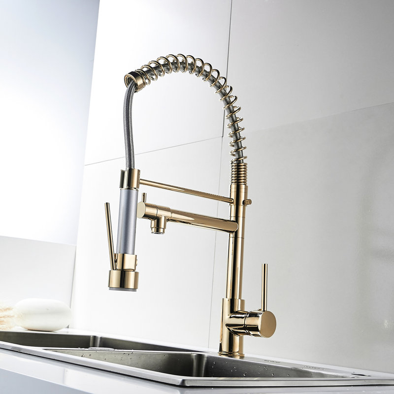 Robinet de cuisine rétractable en or brossé, poignée simple, robinet d'évier de luxe spacieux à haut bec arqué avec, pour une meilleure portée