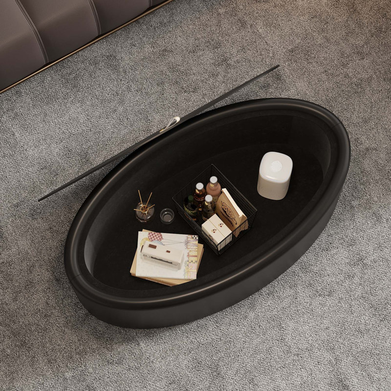 Table basse moderne ovale avec rangement caché et plateau en verre trempé, Black