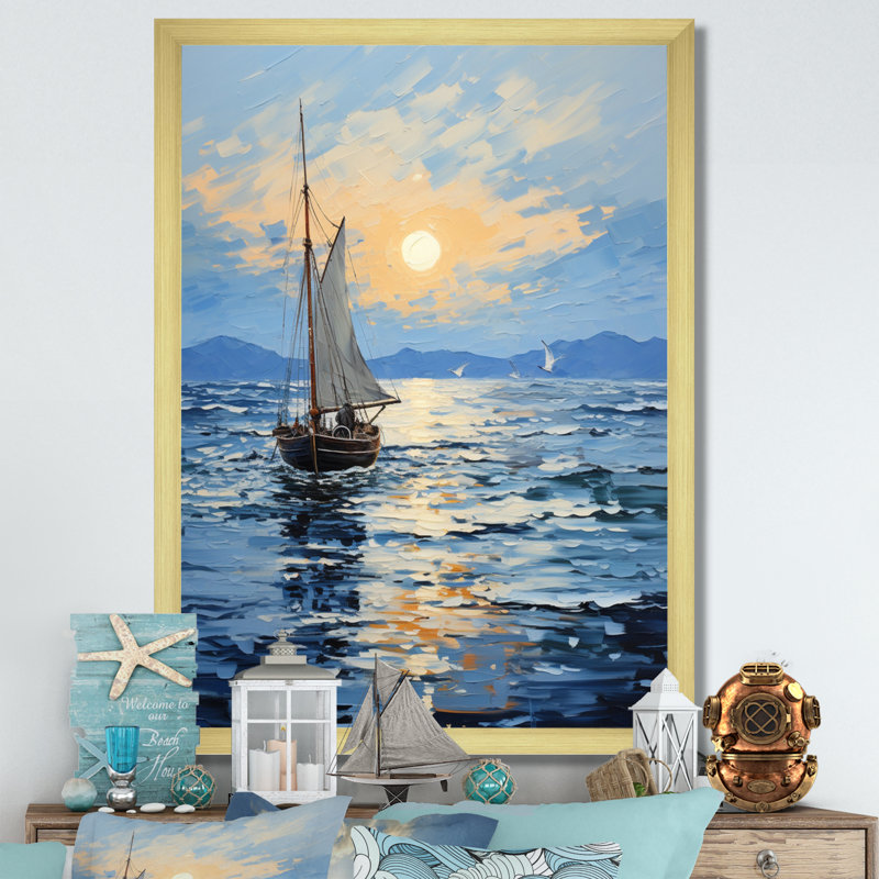 Bateau, voile, reflets, impression sur toile, H 32 po x l 24 po, Encadrement doré