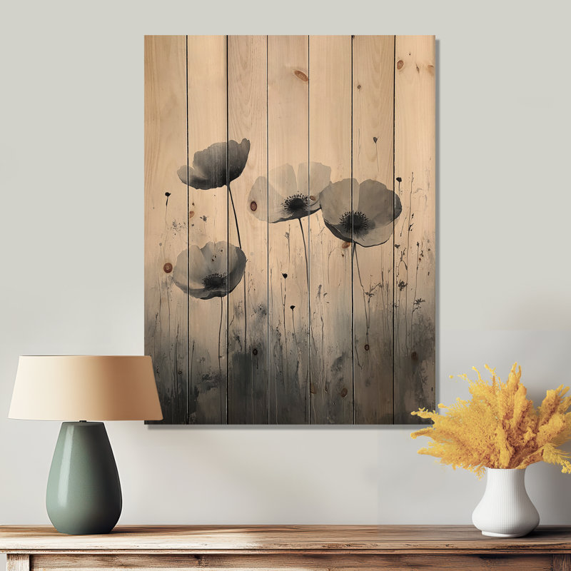 Silent Wild Bloom In Monochrome Wildflowers I - Wildflowers Wood Wall Decor - On Natural Pine Wood, 20" H x 10" W x 0.78" D