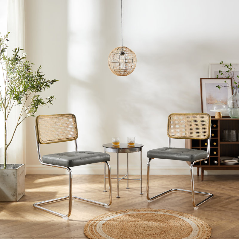 Lidda Tufted Upholstered Dining Side Chair with Cane Rattan Back, Gray