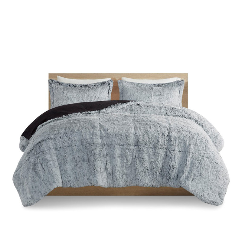 Ensemble d'édredon à poil long simple / simple TG, Gris, Édredon pour lit simple + 1 taie décorative stan