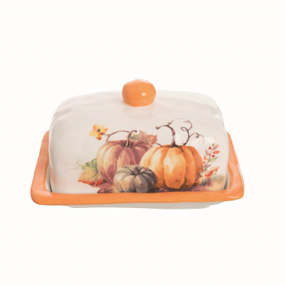 Dolomite Painted Pumpkin Butter Dish Set of 2 Decorative Ceramic Pumpkin Figurines for Fall Harvest Tabletop Indoor Use Perfect for Decoration Gift Giving and Hostess Gifts in Vibrant Orange