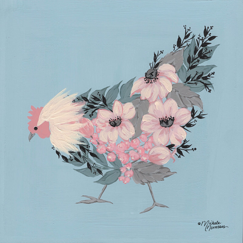 Blue Floral Hen, 12" H x 12" W, No, Black Floater Framed Canvas