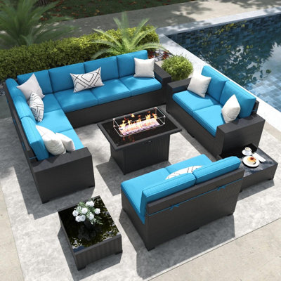  13 Pieces Outdoor Patio Furniture Set with 44" Fire Pit Table Brown Rattan Sectional Sofa Conversation Sets
