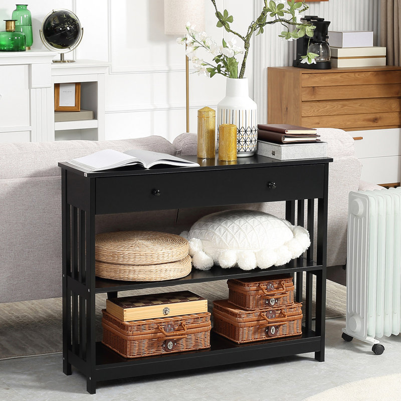 Console de couloir noire avec rangement supplémentaire, tiroir large, 2 tablettes ouvertes et tablettes en bois à lattes pour le hall d'entrée
