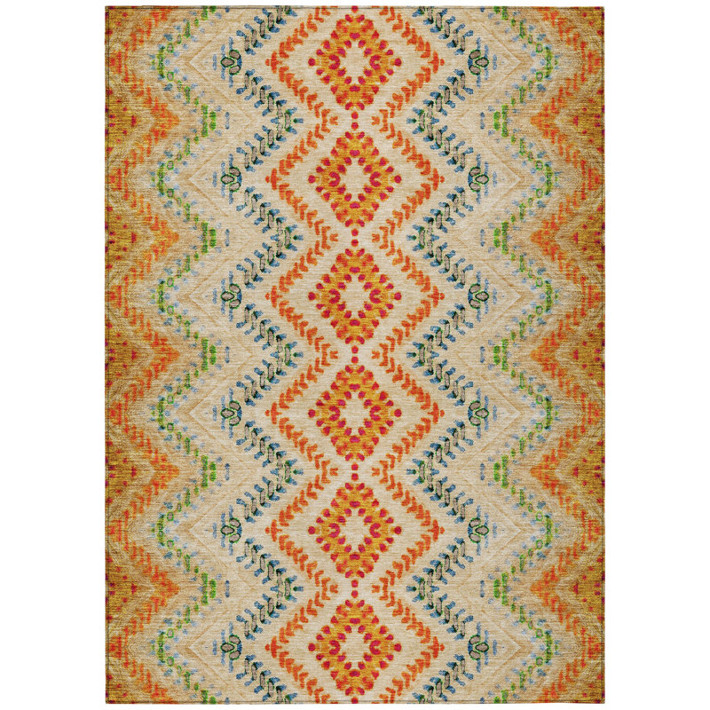 Tapis extérieur lavable à motif géométrique beige et orange 9 pi x 12 pi