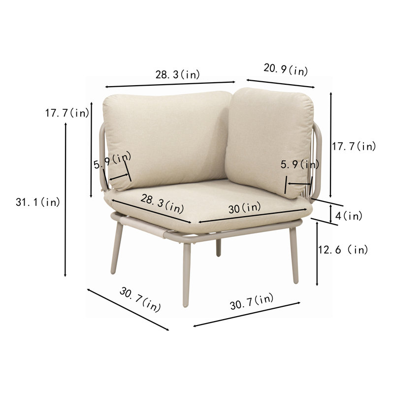 Fauteuil de coin moderne, structure en métal tressé beige, assise de terrasse