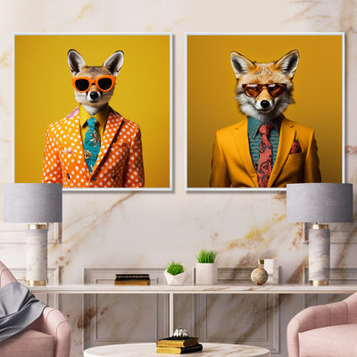 Yellow And Orange Suited Up Fox Fashion I - Fox Canvas Wall Art Set Of 2