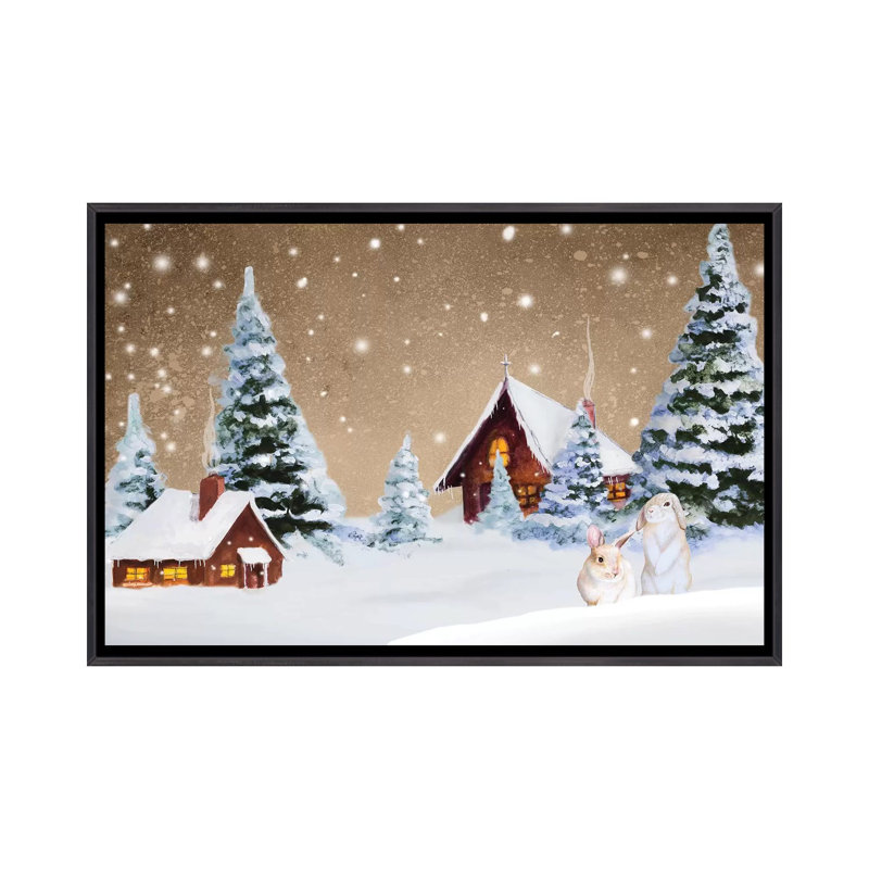 « Christmas village » par Janice Gaynor-impression, Pas de tapis, H 18 po x l 26 po x P 1,5 po, Toile avec cadre noir patiné