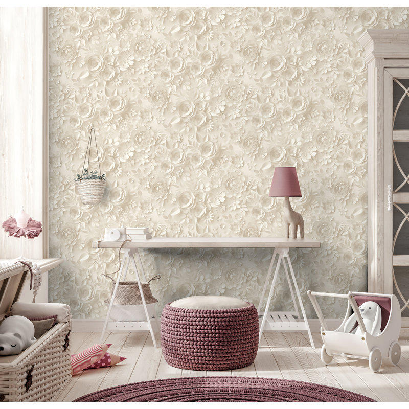 Papier peint fleurs en papier, Beige