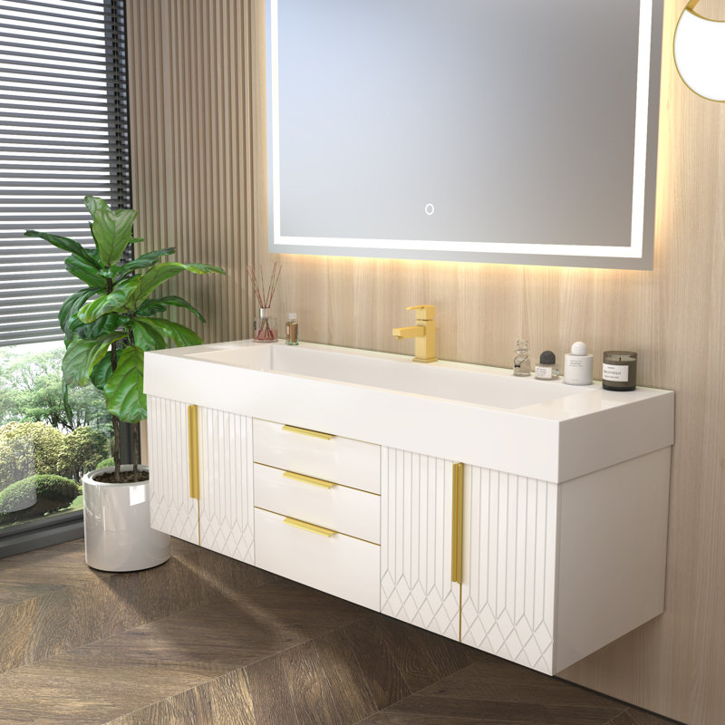 Meuble-lavabo flottant de 60 po avec lavabo simple en acrylique renforcé blanc brillant Milana