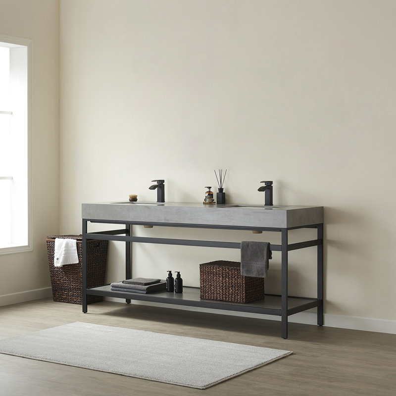 Funes 72'' Double Bathroom Vanity with Stone Top, Matte Black, Matte Black, Snow Mountain White