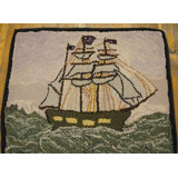 Antique Maritime Nautical Sail Boat Pattern American Folk Art Hooked Rug