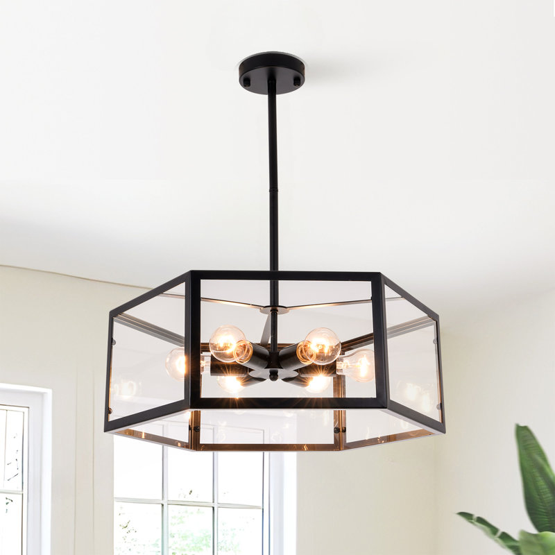 6-Light Farmhouse Geometric Chandelier, 21.65" Adjustable Height Matte Black Pendant Light with Acrylic Shade for Dining Room, Living Room
