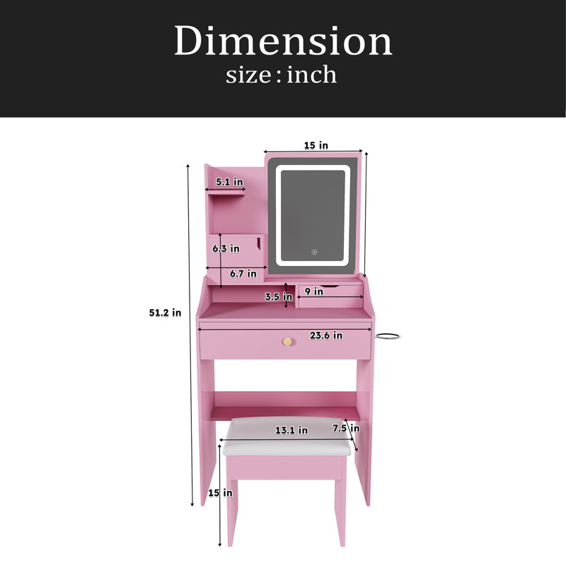 3-Color LED Vanity Mirror With Stool, Dressing Table For Bedroom, 2 Drawers & 5 Storage Cabinets (4 Open + 1 Hidden), Adjustable Lighting