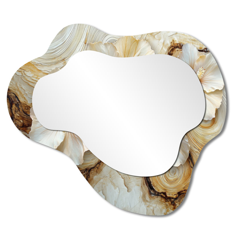 Hibiscus fleurs champ sur un marbre crème - Hibiscus miroir mural asymétrique, miroir de coiffeuse traditionnel, imprimé sur métal