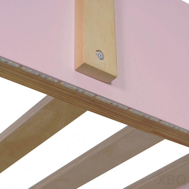 Lit superposé double au dessus d'un lit double avec escalier et lumières à DEL 3 couleurs, rose