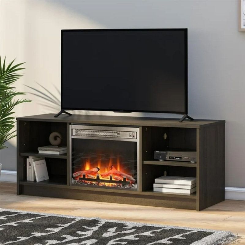 Meuble télé avec foyer pour téléviseur de 55 po ou moins, blanc, Bois espresso