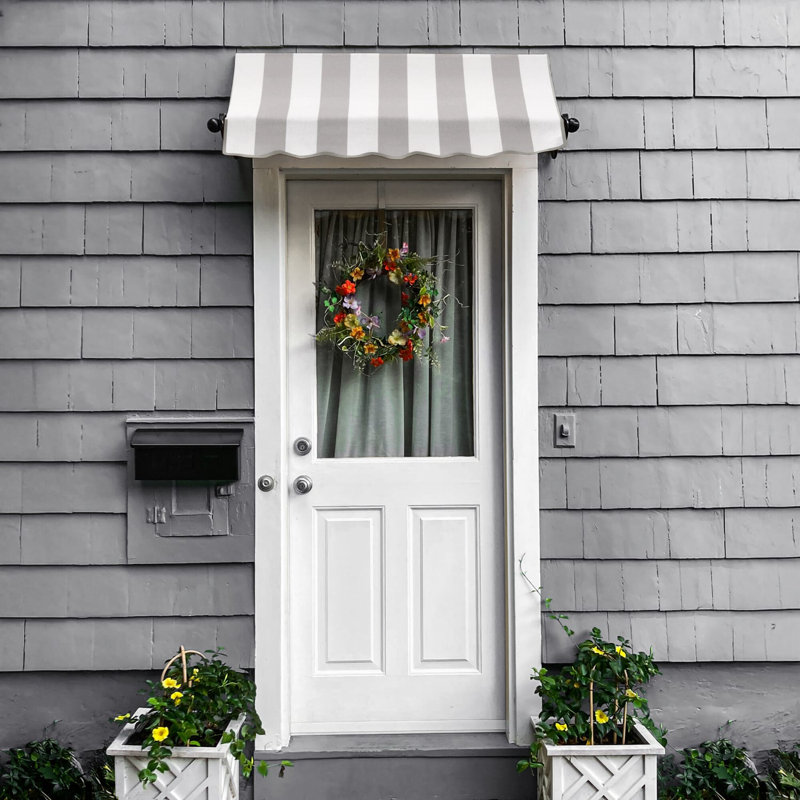 Awntech Charleston Acrylic Fabric Awning with Iron Scroll Arms, 18" H x 52.5" W x 36" D, Gray/White Stripe