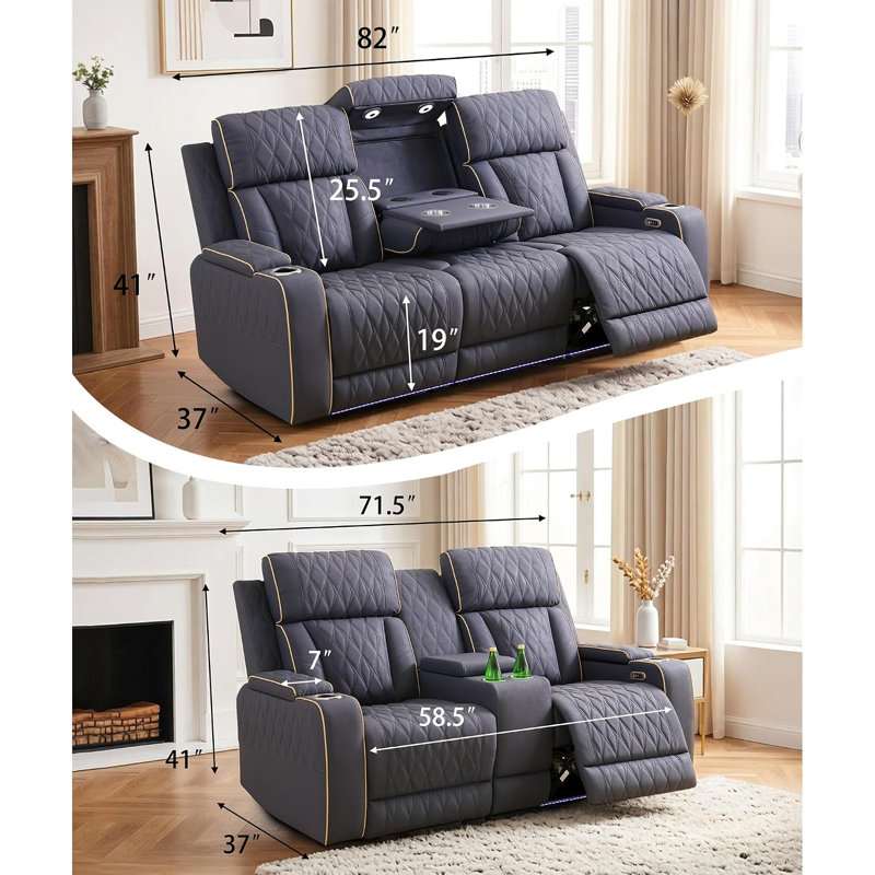 Ensemble de canapé inclinable électrique 2 pièces avec éclairage DEL, recharge sans fil, ports USB, porte-gobelets et console rabattable