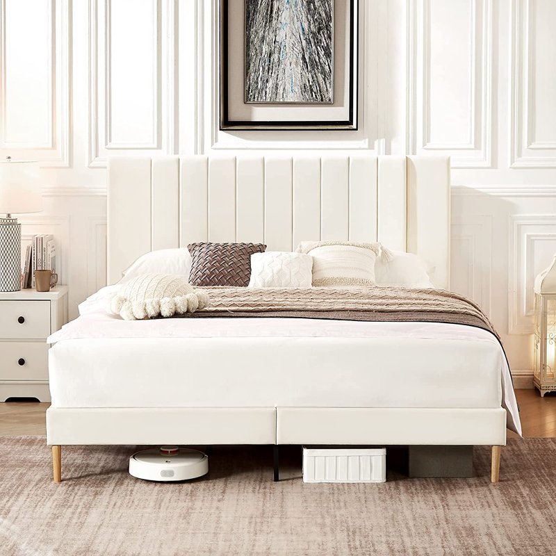 Cream Velvet King Platform Bed with Tufted Upholstered Headboard