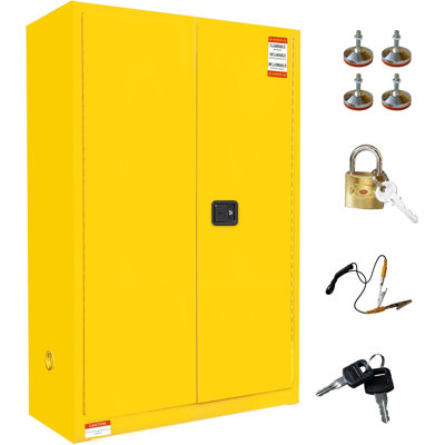 Flammable Storage Cabinet 60 GAL Yellow – Double-Wall Steel Fireproof, 3-Point Lock, Grounding Wire, Adjustable Shelves & Spill Sump