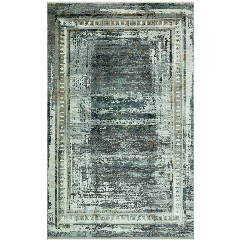 Tapis abstrait en viscose / acrylique Jaclynn fabriqué à la machine en vert / gris, Rectangle 6 pi 7 po x 9 pi 6 po