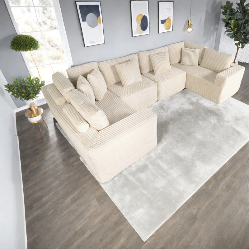 Ergonomic Beige Corduroy Modular Sofas, Modern Style For Small Spaces