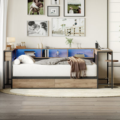 Daybed Corner Bed Frame With 2 Drawers, Desk And Bookcase Storage, Platform Bed With Charging Station