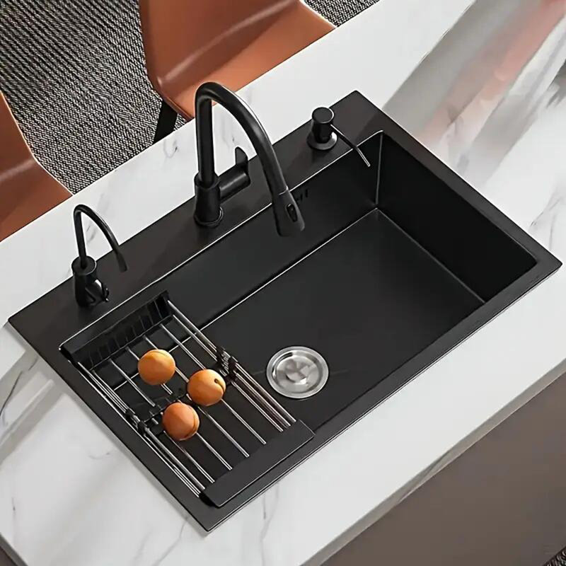 21.7 in Kitchen Sink Stainless Steel Single Bowl Sink with Pulldown Faucet, Matte Black