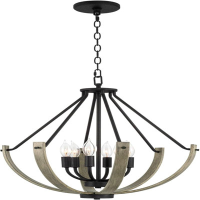 Lustre de style campagnard moderne 23,5 "à 6 lumières, structure ouverte, accents noirs + finition bois de chêne gris