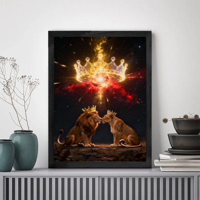 Art encadré noir «The King's Love of Exclusive Lions Under the Starry Sky», art mural de style rétro