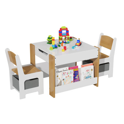 4in1 Wooden Kids Table and Chair Set DualSided Reversible Top Storage Shelves Drawers 3 Piece Toddler Activity Desk for Art Play Study Bedroom Playroo
