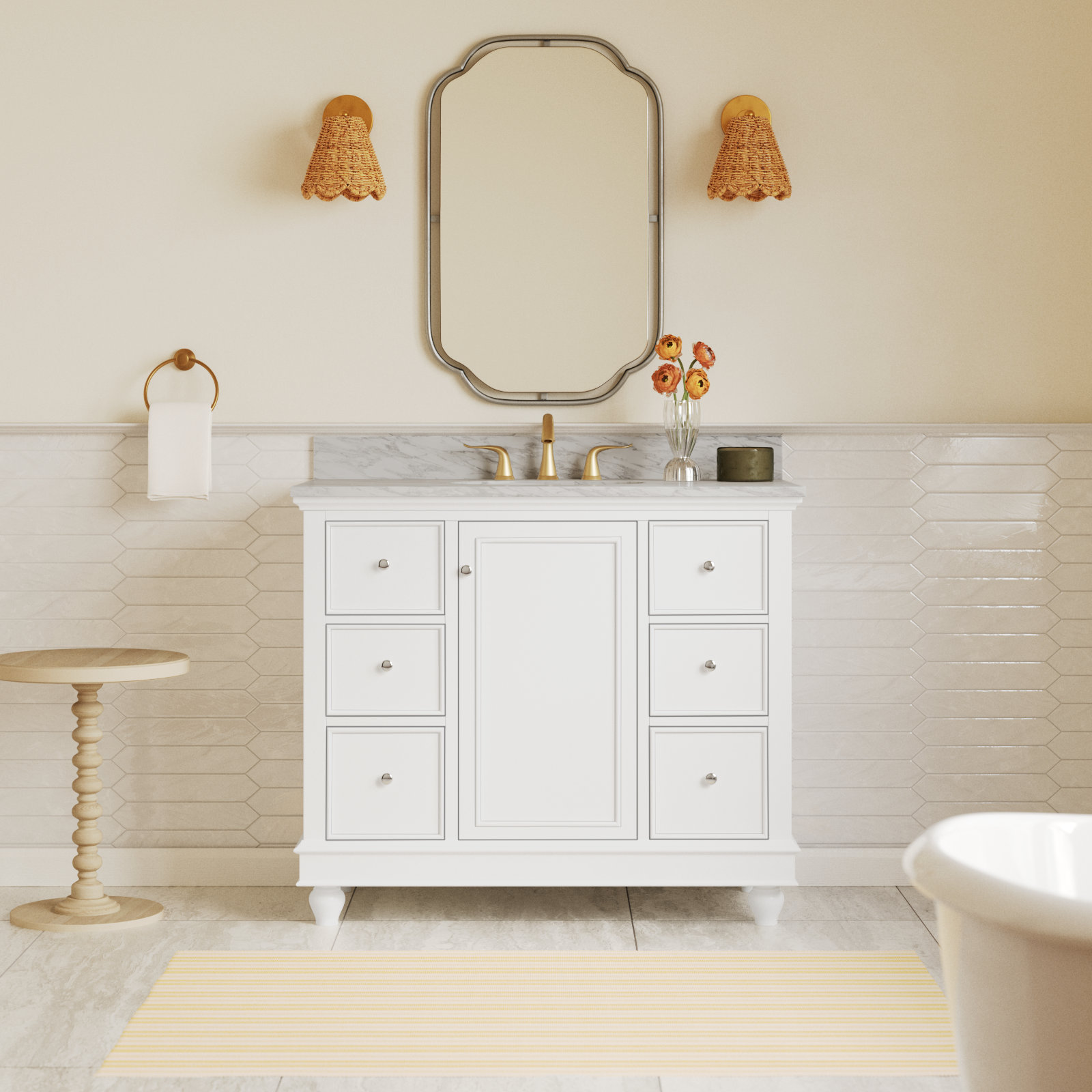 Ferdinand 42'' Single Bathroom Vanity, White, Carrara Marble