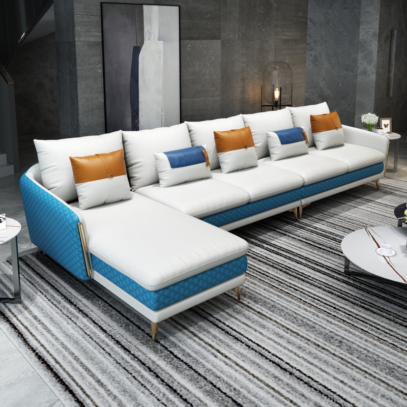 Ellaville Upholstered Sectional, Left Hand Facing, Off White/Blue Genuine Leather