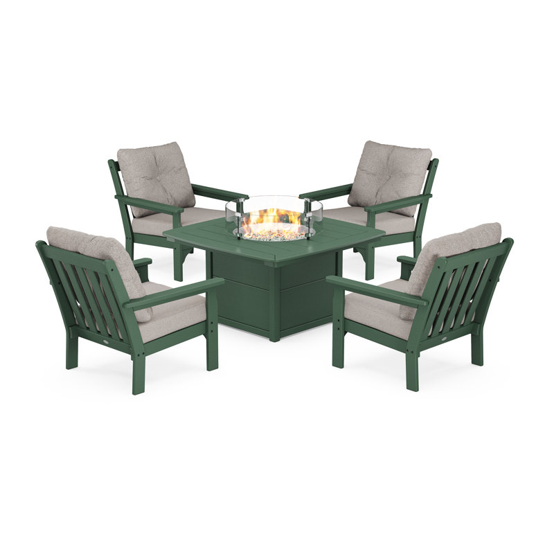 Vineyard 5-Piece Conversation Set with Fire Pit Table, Green Frame/Weathered Tweed Cushion